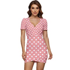 Coral And White Polka Dots Low Cut Cap Sleeve Mini Dress by GardenOfOphir