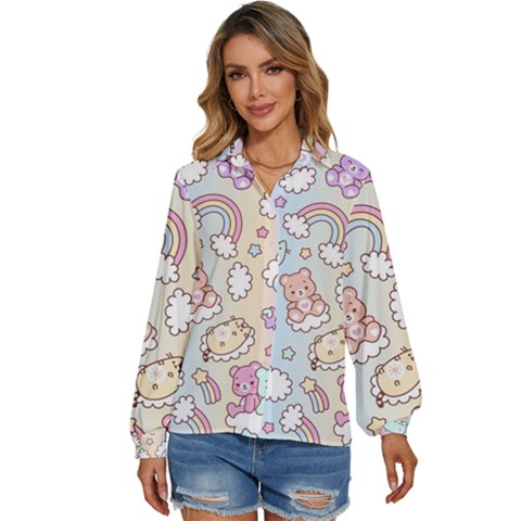 Pusheen Carebears Bears Cat Colorful Cute Pastel Pattern Women s Long Sleeve Button Down Shirt by Sapixe