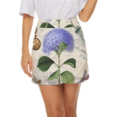 Blue Hydrangea Flower Painting Vintage Shabby Chic Dragonflies Mini Front Wrap Skirt by danenraven