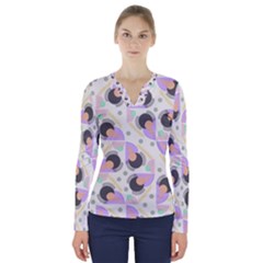 Pattern Pastel Drawing Art V-neck Long Sleeve Top by Uceng