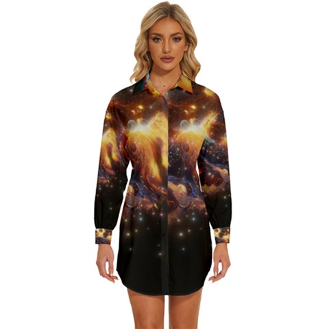 Nebula Galaxy Stars Astronomy Womens Long Sleeve Shirt Dress by Uceng