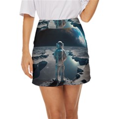 Ai Generated Space Astronaut Universe Moon Earth Mini Front Wrap Skirt by Ravend