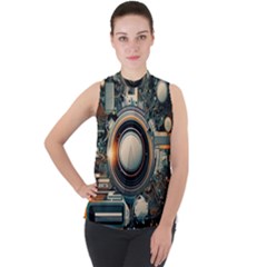 Illustrations Technology Robot Internet Processor Mock Neck Chiffon Sleeveless Top by Ravend