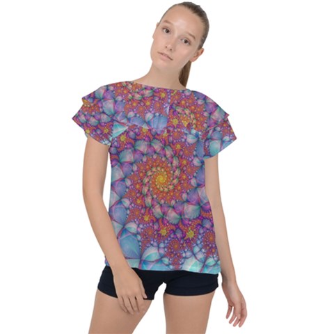 Fractals Abstract Art Cyan Spiral Vortex Pattern Ruffle Collar Chiffon Blouse by Ravend