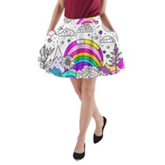 Rainbow Fun Cute Minimal Doodle Drawing Art A-line Pocket Skirt by Ravend