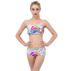 Rainbow Fun Cute Minimal Doodle Drawing Art Layered Top Bikini Set by Ravend
