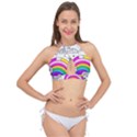Rainbow Fun Cute Minimal Doodle Drawing Art Cross Front Halter Bikini Top View1