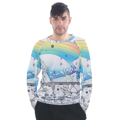 Rainbow Fun Cute Minimal Doodle Drawing Arts Men s Long Sleeve Raglan Tee by Ravend