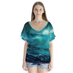 Tsunami Waves Ocean Sea Nautical Nature Water V-neck Flutter Sleeve Top by Ravend