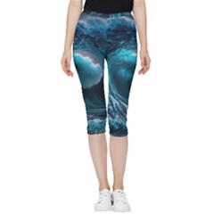 Tsunami Waves Ocean Sea Water Rough Seas 4 Inside Out Lightweight Velour Capri Leggings  by Ravend