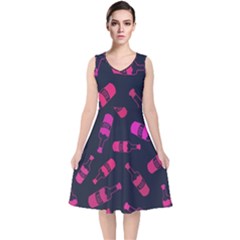 Wine Wine Bottles Background Graphic V-neck Midi Sleeveless Dress  by Ravend
