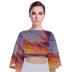 Summer Sunset Over Beach Tie Back Butterfly Sleeve Chiffon Top by GardenOfOphir
