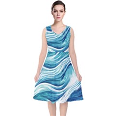 Abstract Blue Ocean Waves V-neck Midi Sleeveless Dress  by GardenOfOphir