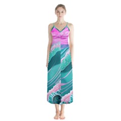Pink Ocean Waves Button Up Chiffon Maxi Dress by GardenOfOphir