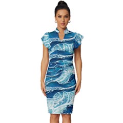 Summer Ocean Waves Vintage Frill Sleeve V-neck Bodycon Dress by GardenOfOphir