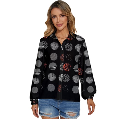 Black And Multicolored Polka Dot Artwork Digital Art Women s Long Sleeve Button Down Shirt by Jancukart