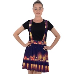 Night Houses River Bokeh Leaves Velvet Suspender Skater Skirt by Ravend