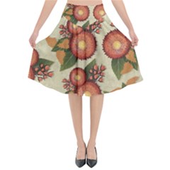 Flowers Leaves Pattern Flora Botany Drawing Art Flared Midi Skirt by Ravend