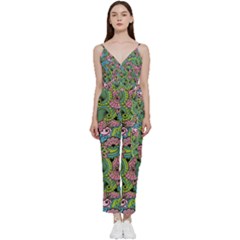 Background Texture Paisley Pattern V-neck Spaghetti Strap Tie Front Jumpsuit by Jancukart