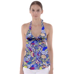 Blue Yellow Background Pattern Vector Texture Paisley Babydoll Tankini Top by Jancukart