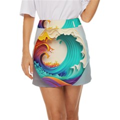 Tsunami Tidal Wave Wave Minimalist Ocean Sea 3 Mini Front Wrap Skirt by Pakemis
