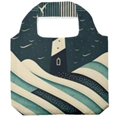 Lighthouse Abstract Ocean Sea Waves Water Blue Foldable Grocery Recycle Bag by Pakemis
