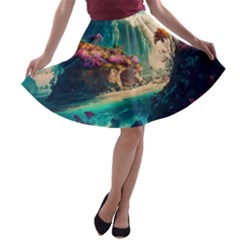Tropical Island Fantasy Landscape Palm Trees Ocean A-line Skater Skirt by Pakemis