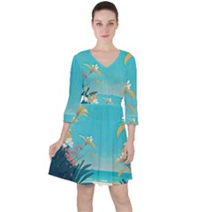 Beach Ocean Flowers Floral Plants Vacation Quarter Sleeve Ruffle Waist Dress by Pakemis