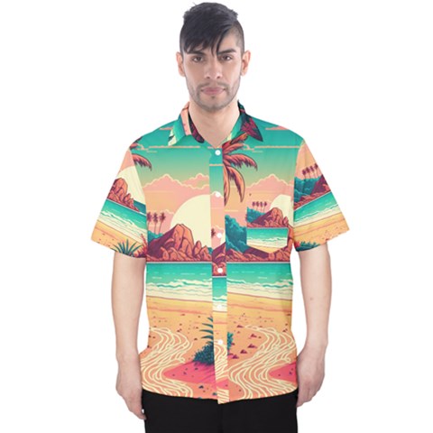 Palm Trees Tropical Ocean Sunset Sunrise Landscape Men s Hawaii Shirt by Pakemis