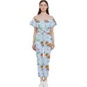 Pattern Giraffe Animal Seamless Scrapbooking Blue Off Shoulder Ruffle Top Jumpsuit View1