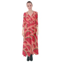 Watermelon Red Food Fruit Healthy Summer Fresh Button Up Maxi Dress by Wegoenart