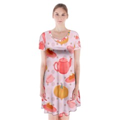 Pumpkin Tea Cup Pie Dessert Short Sleeve V-neck Flare Dress by Semog4