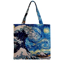Starry Night Hokusai Vincent Van Gogh The Great Wave Off Kanagawa Zipper Grocery Tote Bag by Semog4