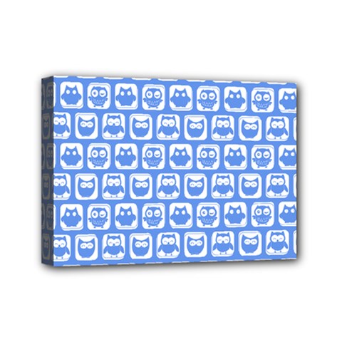Blue And White Owl Pattern Mini Canvas 7  X 5  (stretched) by GardenOfOphir