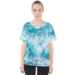 Tropical Blue Ocean Wave V-neck Dolman Drape Top by Jack14