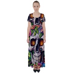 Gothic Skull With Flowers - Cute And Creepy High Waist Short Sleeve Maxi Dress by GardenOfOphir