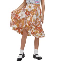 Flowers Petals Leaves Floral Print Kids  Ruffle Flared Wrap Midi Skirt by Ravend