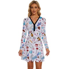 Medical Long Sleeve Deep V Mini Dress  by SychEva