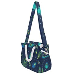 Blue Background Pattern Feather Peacock Rope Handles Shoulder Strap Bag by Semog4