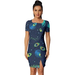 Blue Background Pattern Feather Peacock Fitted Knot Split End Bodycon Dress by Semog4