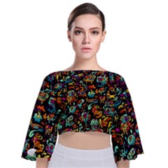 Cartoon Monster Pattern Abstract Background Tie Back Butterfly Sleeve Chiffon Top by Semog4