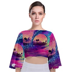 Retro Wave Ocean Tie Back Butterfly Sleeve Chiffon Top by Semog4