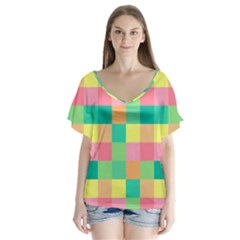Checkerboard-pastel-squares- V-neck Flutter Sleeve Top by Semog4