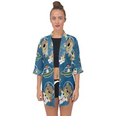 Seamless Pattern Funny Astronaut Outer Space Transportation Open Front Chiffon Kimono by Semog4