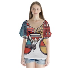 Amsterdam Graphic Design Poster Illustration V-neck Flutter Sleeve Top by Salman4z