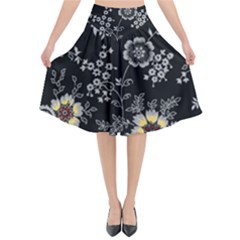 White And Yellow Floral And Paisley Illustration Background Flared Midi Skirt by Salman4z