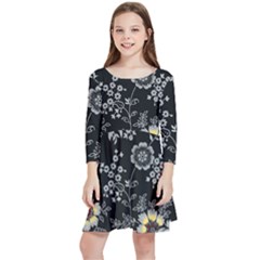White And Yellow Floral And Paisley Illustration Background Kids  Quarter Sleeve Skater Dress by Salman4z