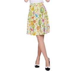 Nature Doodle Art Trees Birds Owl Children Pattern Multi Colored A-line Skirt by Salman4z