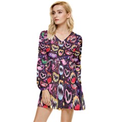 Funny Monster Mouths Tiered Long Sleeve Mini Dress by Salman4z