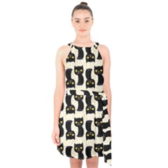 Black Cats And Dots Koteto Cat Pattern Kitty Halter Collar Waist Tie Chiffon Dress by Salman4z